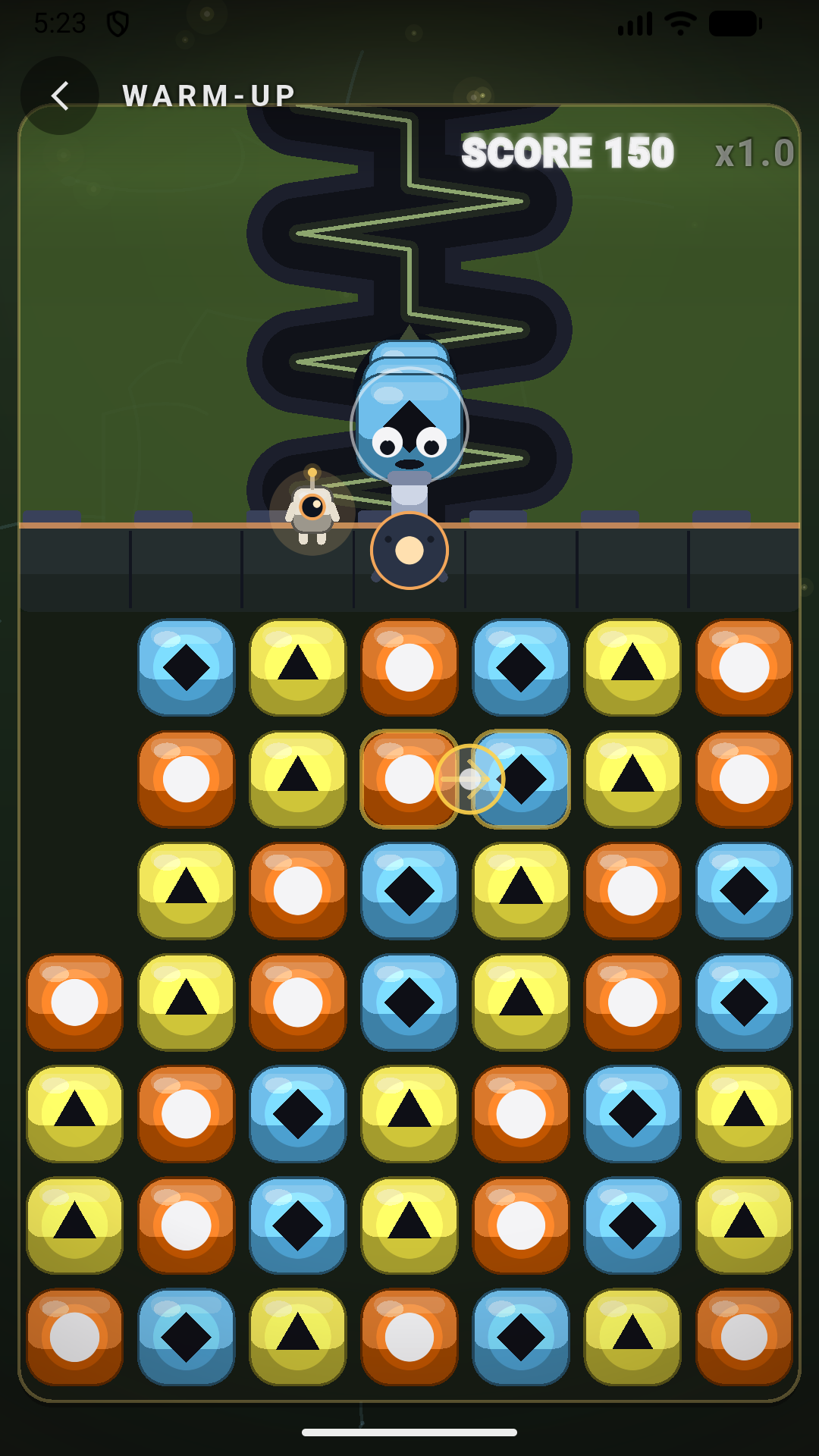 COPU gameplay with a match-3 board, robot defender, and approaching snake.